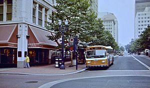 Portland Mall in 1982 with bus on 6th Ave next to Meier & Frank