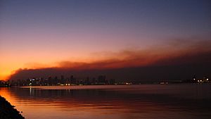 San Diego skyline against smoke from wildfires Oct 2007