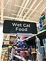 Comedic Wet Cat Food sign in an ASDA supermarket