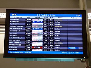 Departures board at Miami Airport in Florida, US