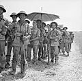 Men of the 6th Battalion, The Royal Inniskilling Fusiliers, 78th Division, await orders to move into Centuripe, Sicily, 2 August 1943. NA5413