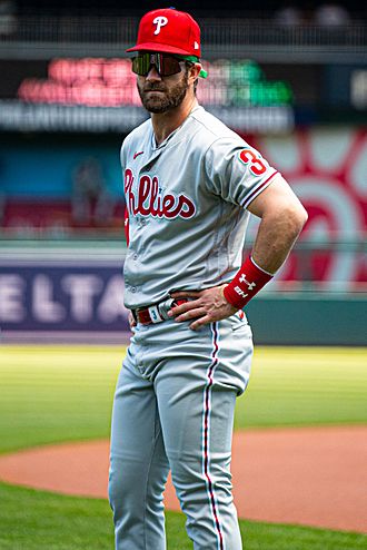 Bryce Harper Stare Down Pregame from Nationals vs. Phillies at Nationals Park, May 13th, 2021 (All-Pro Reels Photography) (51188354283) (cropped)