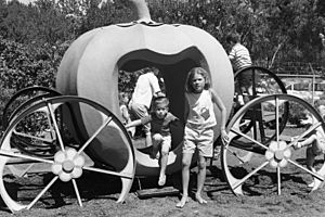 Children leaving pumpkin ride in William Land Park, Sacramento, 1963