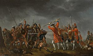 A painting showing a savage, melee battle between two groups of soldiers; several dead men lie on the ground. The group of soldiers on the left wear tartan and are armed with swords and shields. Those on the right wear red uniforms and are armed with muskets and bayonets.