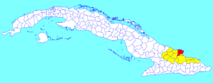 Banes municipality (red) within  Holguín Province (yellow) and Cuba