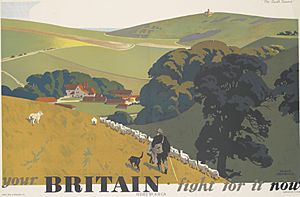 From the famous series of four posters by Newbould. An example of how an inter-war travel poster style was used unchanged during the war to arouse patriotic feelings for an idealised pastoral Britain, defined by the lan Art.IWMPST14887.jpg