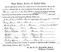 Manson marriage certificate Bureau Refugees Freedmen and Abandoned Lands 1866
