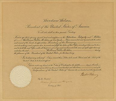 President Woodrow Wilson's Appointment of Treasury Secretary McAdoo