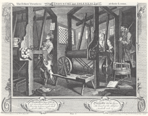 William Hogarth - Industry and Idleness, Plate 1; The Fellow 'Prentices at their Looms