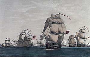 British convoy of sixty-three ships and all but eight ships captured by Spanish and French under Cordova.jpg