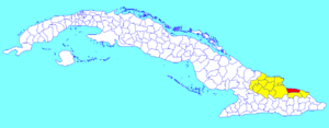 Frank País municipality (red) within  Holguín Province (yellow) and Cuba