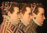 Lucas de heere (attr.), triplo ritratto femminile di profilo, paesi bassi meridionali 1570 ca