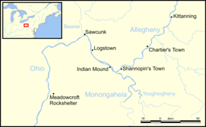 Indigenous American villages were located throughout Western Pennsylvania. Kittanning still uses its Indigenous name, while the town of Sawcunk lies on the site of present-day Rochester, Pennsylvania.