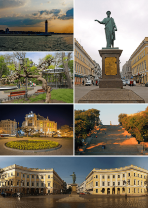 Counterclockwise: Monument to the Duc de Richelieu, Vorontsov Lighthouse, City garden, Opera and Ballet Theatre, Potemkin Stairs, Square de Richelieu