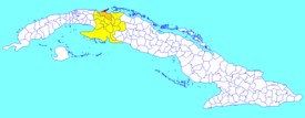 The former Varadero municipality (red) within  Matanzas Province (yellow) and Cuba.  The rest of Cárdenas municipality is shown in orange