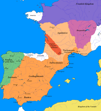 Extent of the Visigothic Kingdom, c. 500 (total extent shown in orange, territory lost after Battle of Vouillé shown in light orange: Kingdom of the Suebi was annexed in 585).