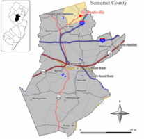 Map of Bernardsville in Somerset County. Inset: Location of Somerset County in New Jersey.