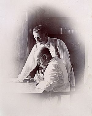 Professors Koch and Pfeiffer working in a laboratory, invest Wellcome L0030175