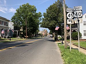 2018-08-15 15 51 21 View east along U.S. Route 40 and north along New Jersey State Route 45 (West Street) at Spring Garden Street in Woodstown, Salem County, New Jersey