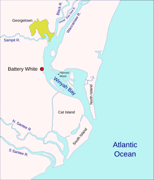 Battery White in Winyah Bay, SC map