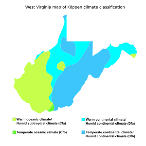 West Virginia map of Köppen climate classification