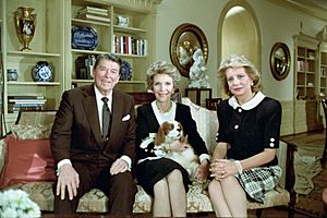 President Ronald Reagan, Nancy Reagan, and Rex in the residence during an interview with Barbara Walters