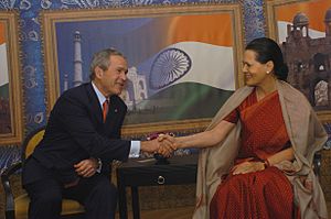 The Chairperson of the National Advisory Council, Smt. Sonia Gandhi calls on the President of the USA, Mr. George W Bush in New Delhi on March 2, 2006