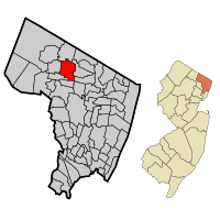 Map highlighting Saddle River's location within Bergen County. Inset: Bergen County's location within New Jersey.