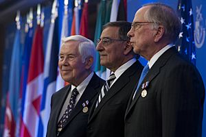 Indiana Sen. Richard Lugar, left, Secretary of Defense Leon E. Panetta, center, and former Georgia Sen. Sam Nunn 121203-D-BW835-497