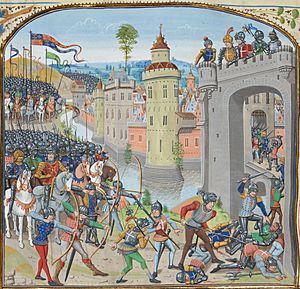 A colourful medieval image of a town under attack