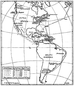 Map of the cruises of the Bermuda-based HMS York on the America & West Indies Station, 1936-1939