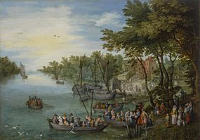 A Wooded River Landscape with a Landing Stage, Boats… by Jan Brueghel the Elder