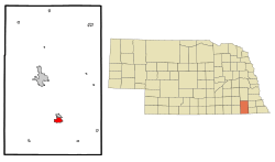 Location of Wymore within Gage County and Nebraska
