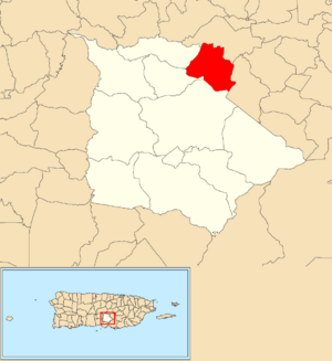 Location of Pulguillas within the municipality of Coamo shown in red