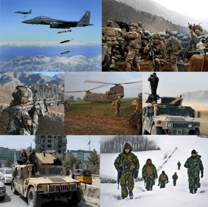 Clockwise from top: A U.S. Air Force warplane dropping a JDAM on a cave in eastern Afghanistan; US soldiers in a firefight with Taliban forces in Kunar Province; An Afghan National Army soldier surveying atop a Humvee; Afghan and US soldiers move through snow in Logar Province; Canadian forces fire an M777 howitzer in Helmand Province; An Afghan soldier surveying a valley in Parwan Province; British troops preparing to board a Chinook during Operation Tor Shezada.