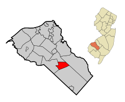 Map of Clayton highlighted within Gloucester County. Inset: Location of Gloucester County in New Jersey.