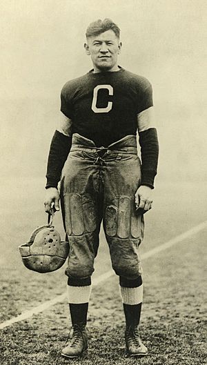 A black-and-white photograph of Jim Thorpe in his Canton Bulldogs football jersey.