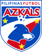 A blue, red, white, and gold crest featuring a dog's head, a football, and the nickname of the national team, The Azkals