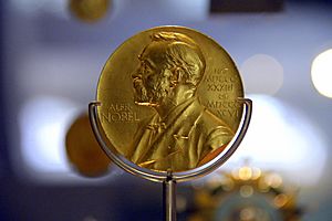 Nobel prize medal for medicine, Sweden, 1945, to Sir Alexander Fleming (1881-1955) who discovered Penicillin. On display at the National Museum of Scotland