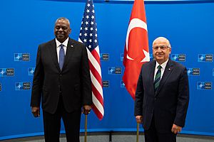 Secretary of Defense Lloyd J. Austin III stands with Turkiye Defense Minister Yasar Guler at NATO headquarters, Brussels, Belgium, June 16, 2023 - 230616-D-XI929-1007