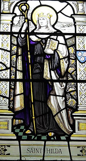 St Hilda (Stained glass, Chester Cathedral) (cropped).JPG