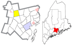 Location of Thorndike (in yellow) in Waldo County and the state of Maine