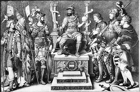 Charles V enthroned over his defeated enemies Giulio Clovio mid 16th century