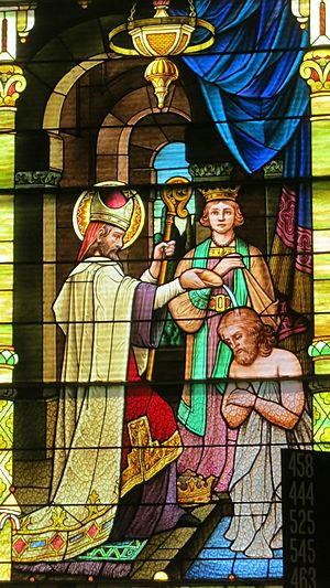 Saint Remy Catholic Church (Russia, Ohio) - stained glass, Saint Remigius baptizing Clovis I