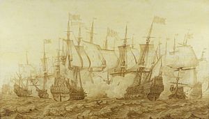 "The Battle of the Gabbard, 2 June 1653" by Heerman Witmont, shows the Dutch flagship Brederode, right, in action with the English ship Resolution, the temporary name during the Commonwealth of HMS Prince Royal.