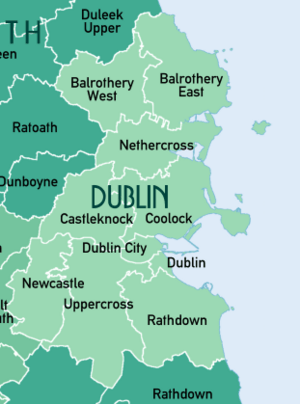 Baronies of County Dublin. Rathdown is in the southeast.