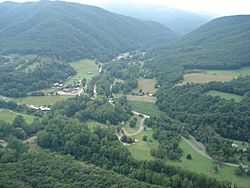 Community of Seneca Rocks, West Virginia at the confluence of Seneca Creek and the North Fork South Branch Potomac River. The "Seneca Rocks Discovery Center" is on the left side of the photo which was taken from atop Seneca Rocks.