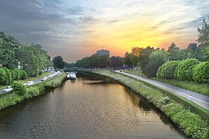 Sunset over a canal in Ghent, Belgium