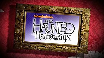 An ornate picture frame against red wallpaper containing the words "nickelodoen The Haunted Hathaways" written in a stylized script.