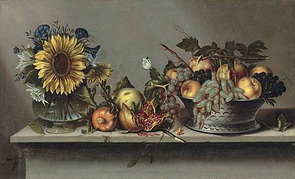 Antonio Ponce - Flowers in a Vase and Fruit in a Bowl on a Ledge, 1640-60